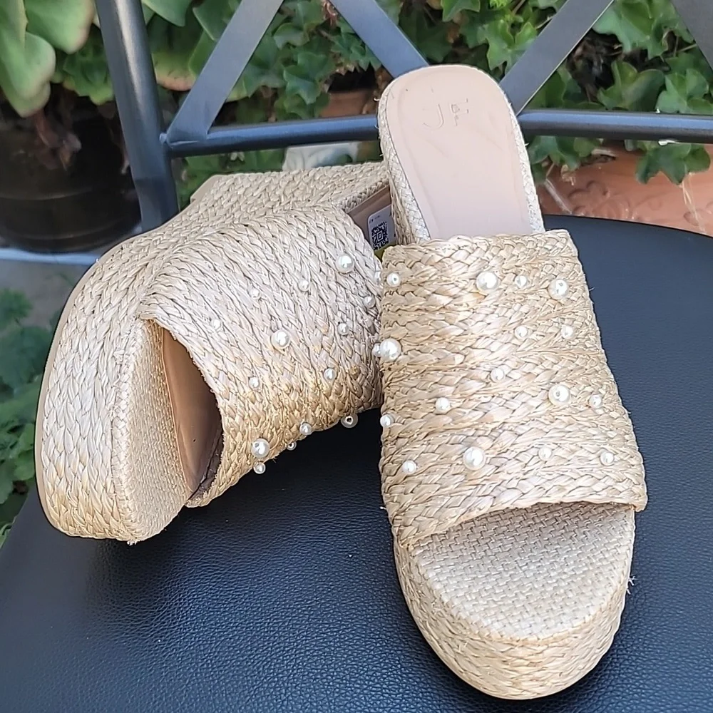 Sandals Wedge Platforms Straw Fiber  Pearl Embellished Anaya SZ 12